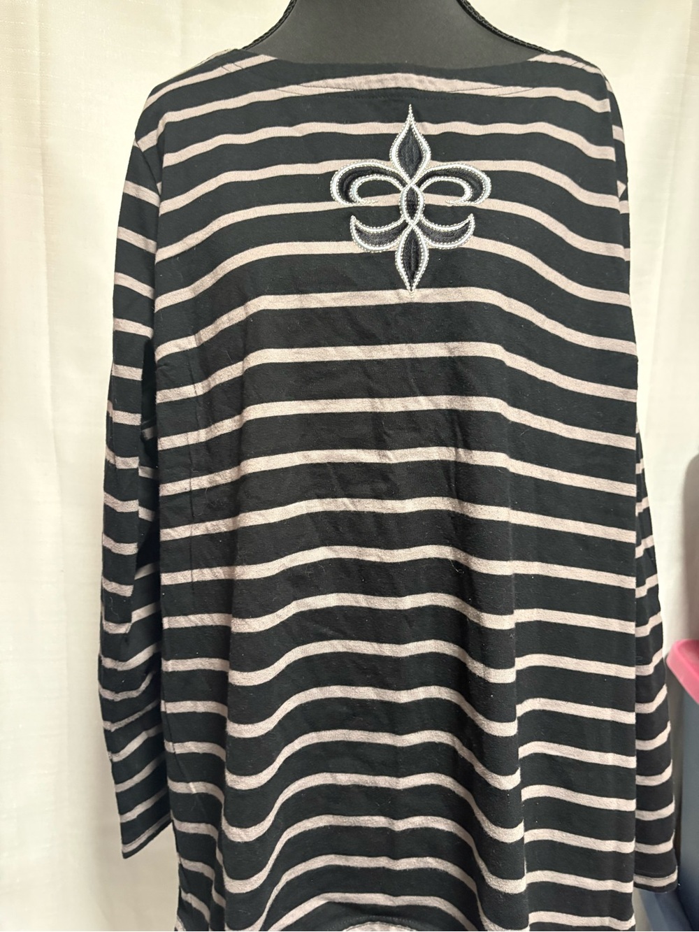Designer Bob Mackie Black/White Striped Top with Embroidered Detail